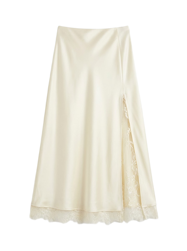 Falda Midi Satén con Abertura y Encaje Ivory - nn.studio Style N837