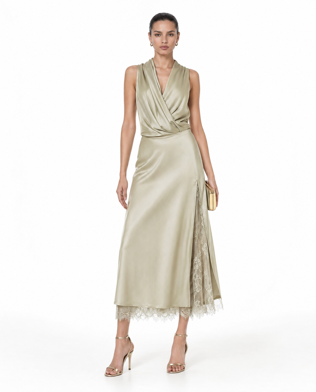 Falda Midi Satén con Abertura y Encaje Khaki - nn.studio Style N837