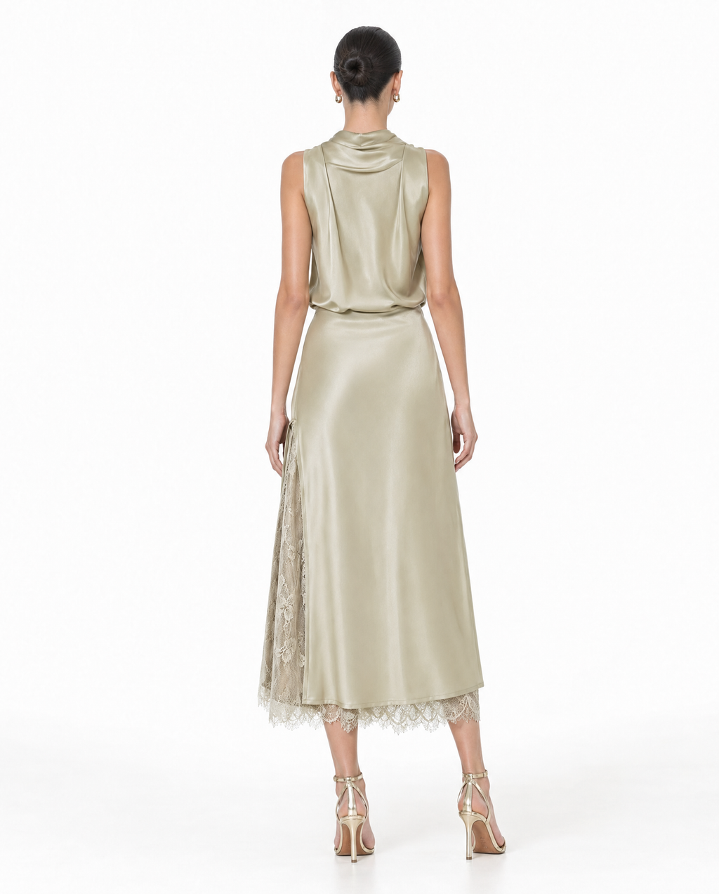 Falda Midi Satén con Abertura y Encaje Khaki - nn.studio Style N837