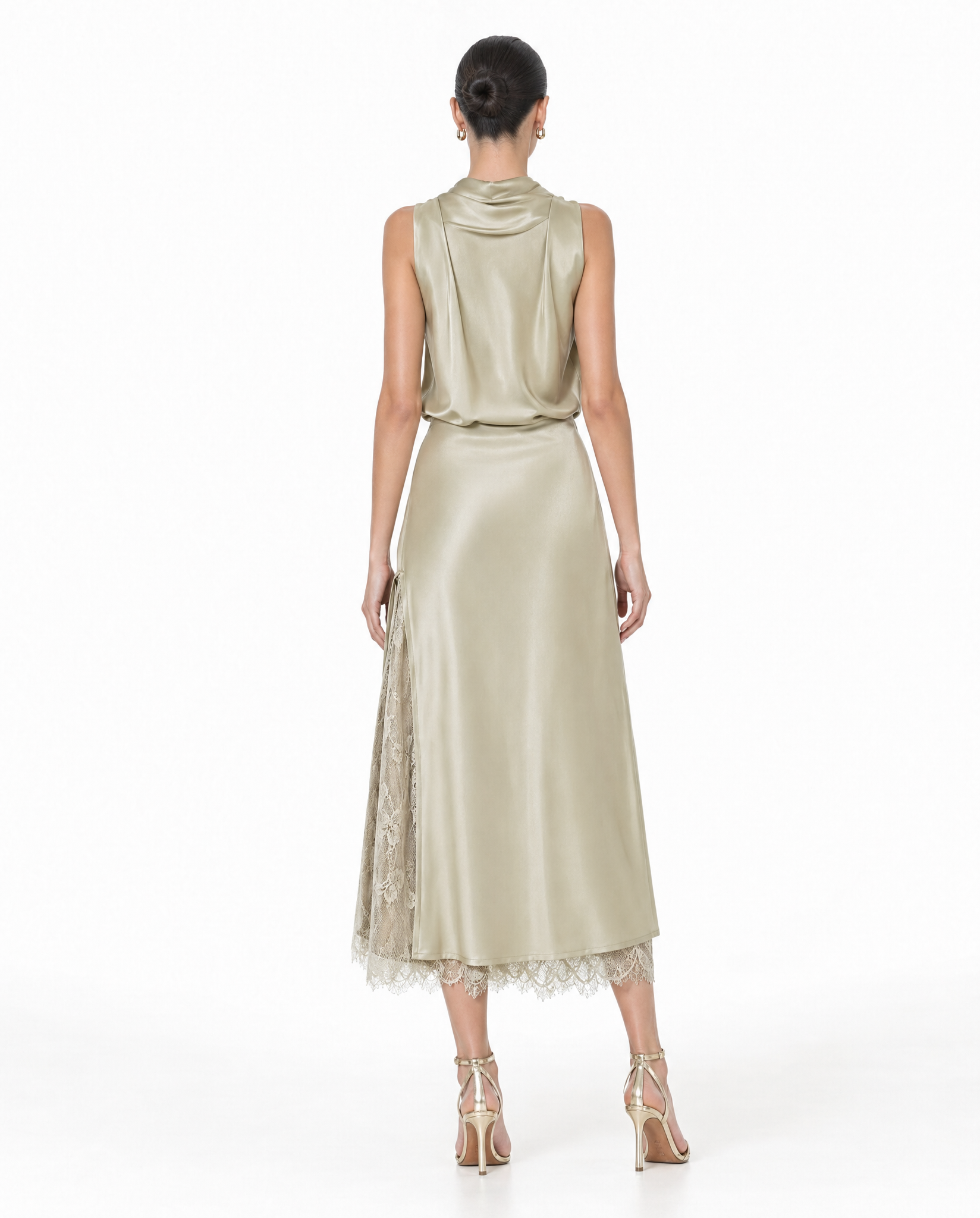 Falda Midi Satén con Abertura y Encaje Khaki - nn.studio Style N837