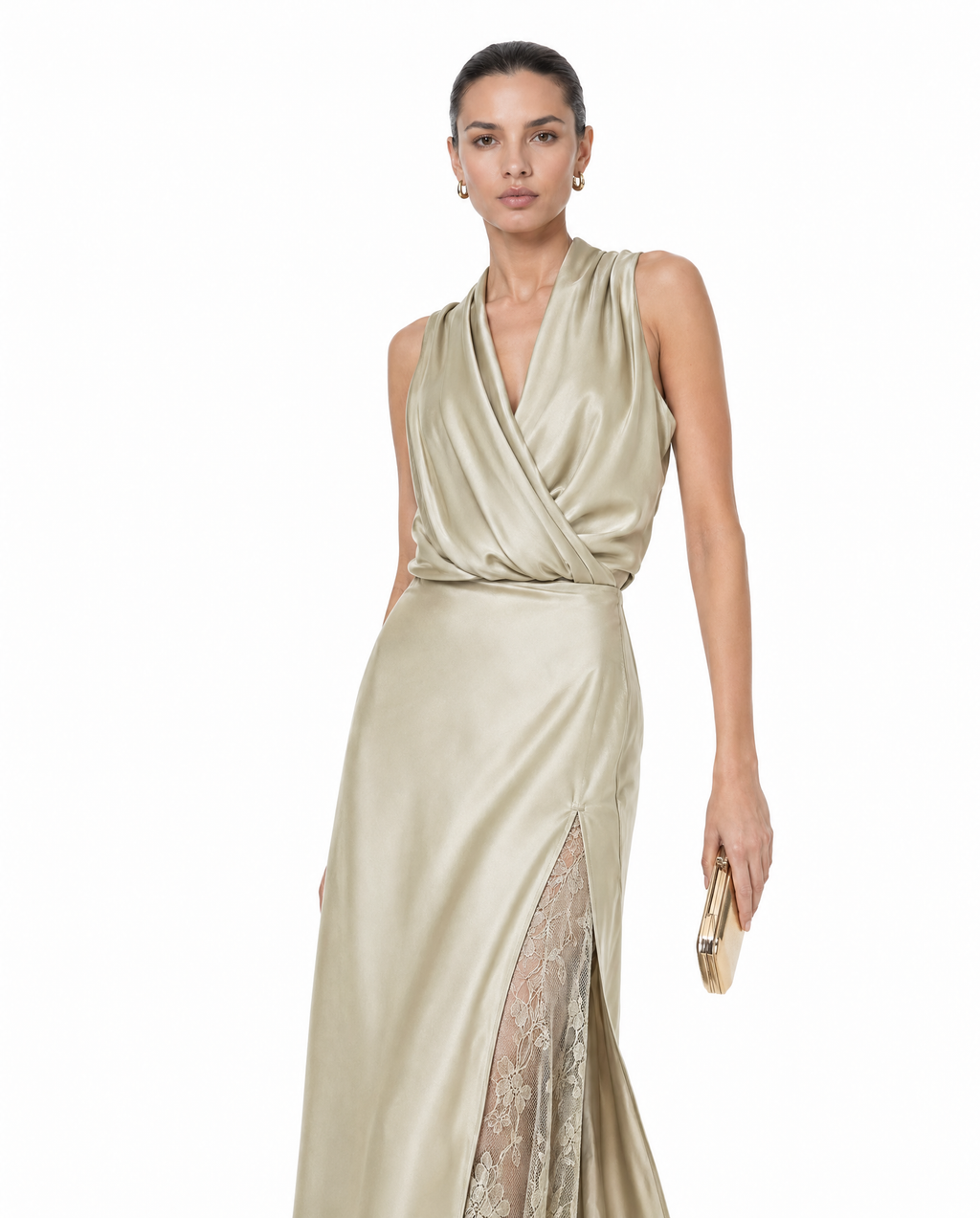 Falda Midi Satén con Abertura y Encaje Khaki - nn.studio Style N837