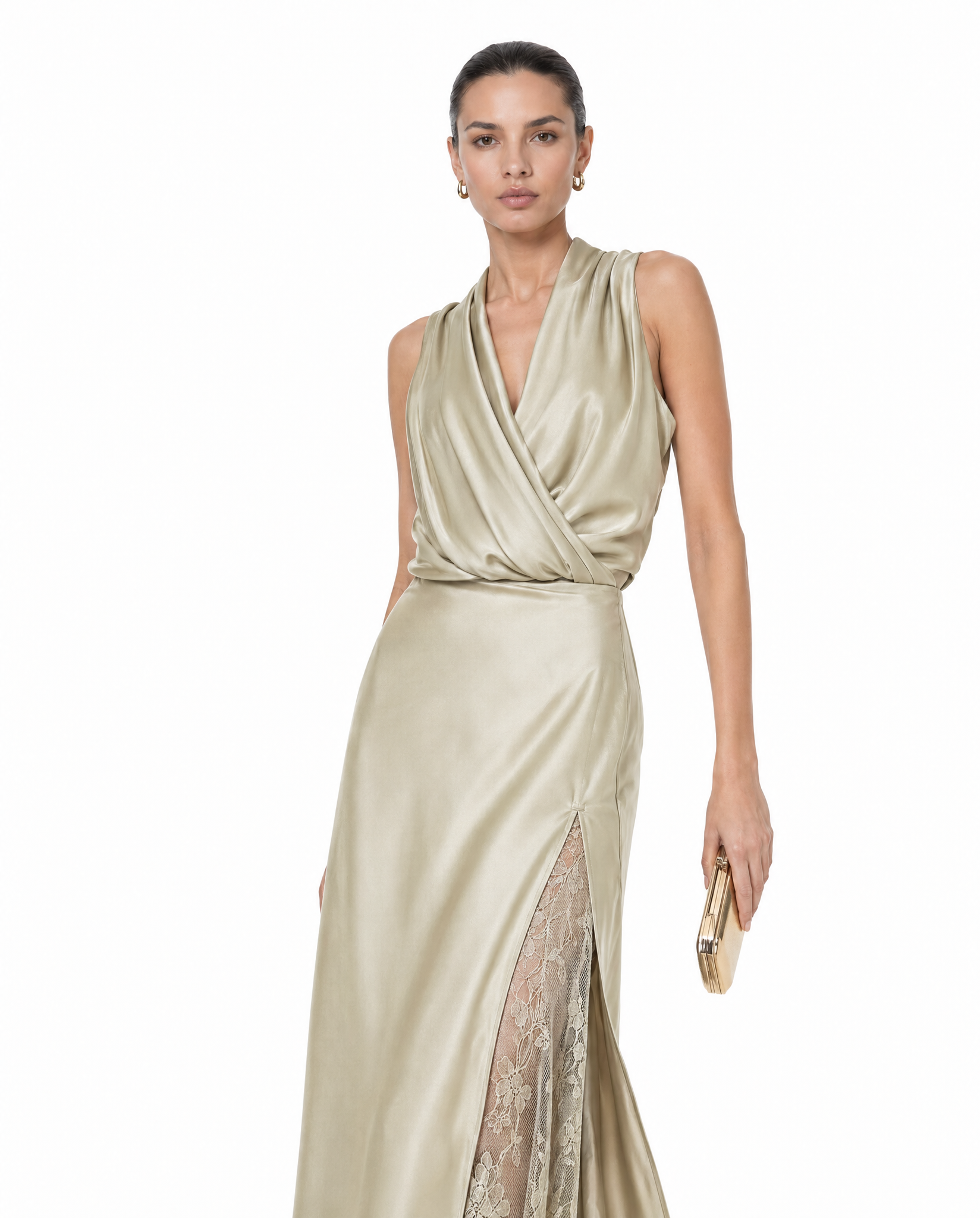 Falda Midi Satén con Abertura y Encaje Khaki - nn.studio Style N837