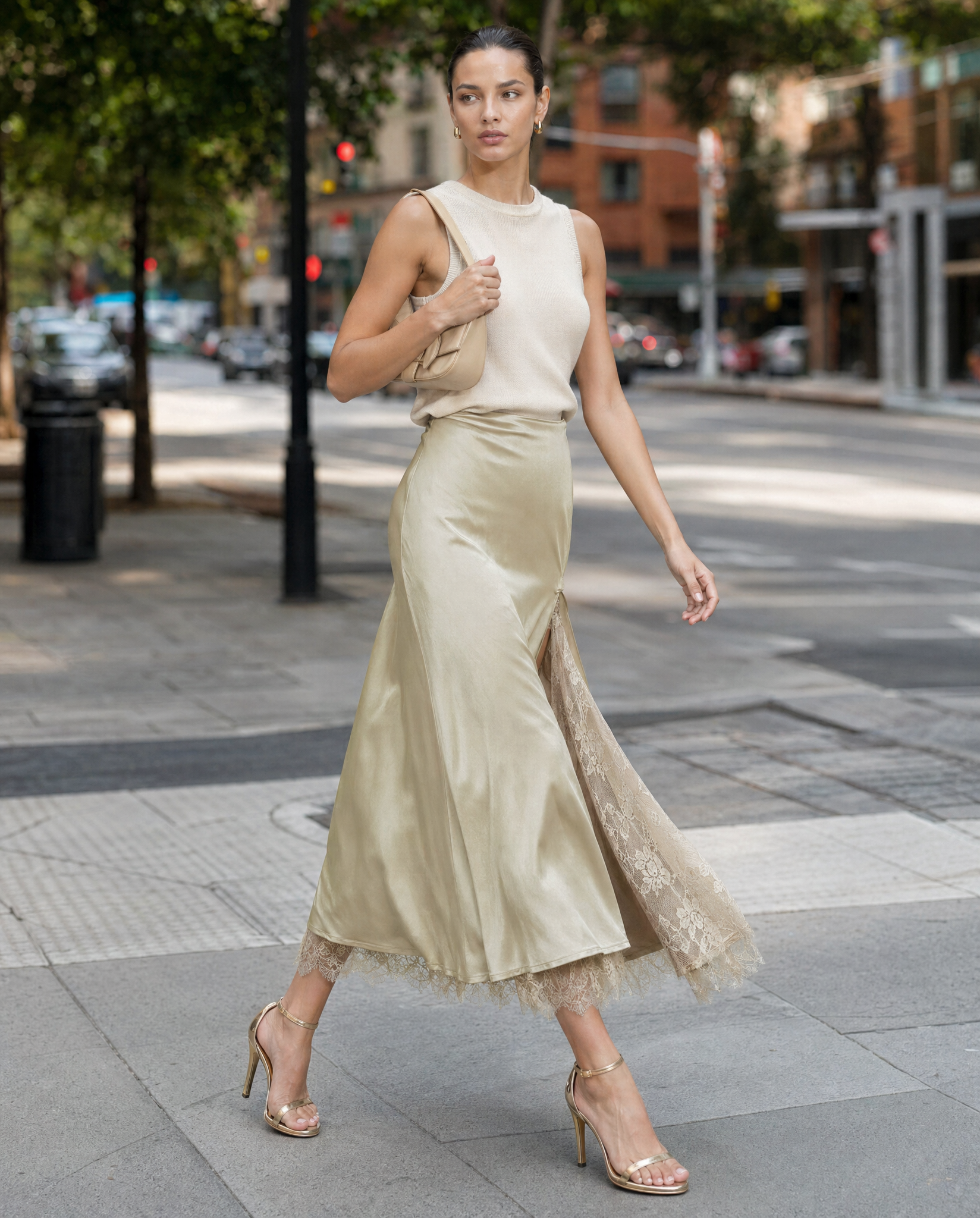 Falda Midi Satén con Abertura y Encaje Khaki - nn.studio Style N837
