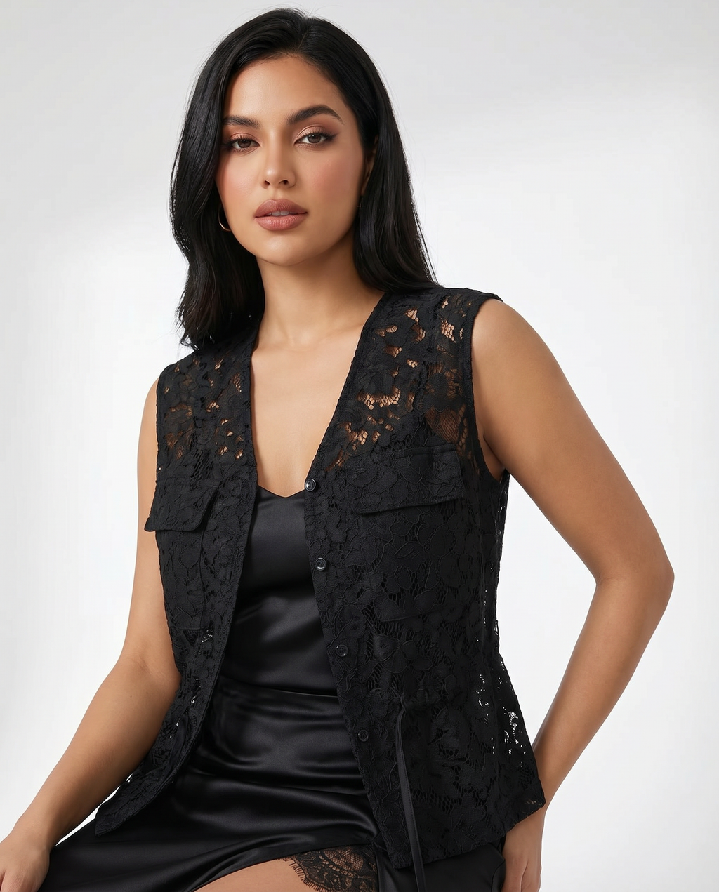 Falda Midi Satén con Abertura y Encaje Negro - nn.studio Style N837