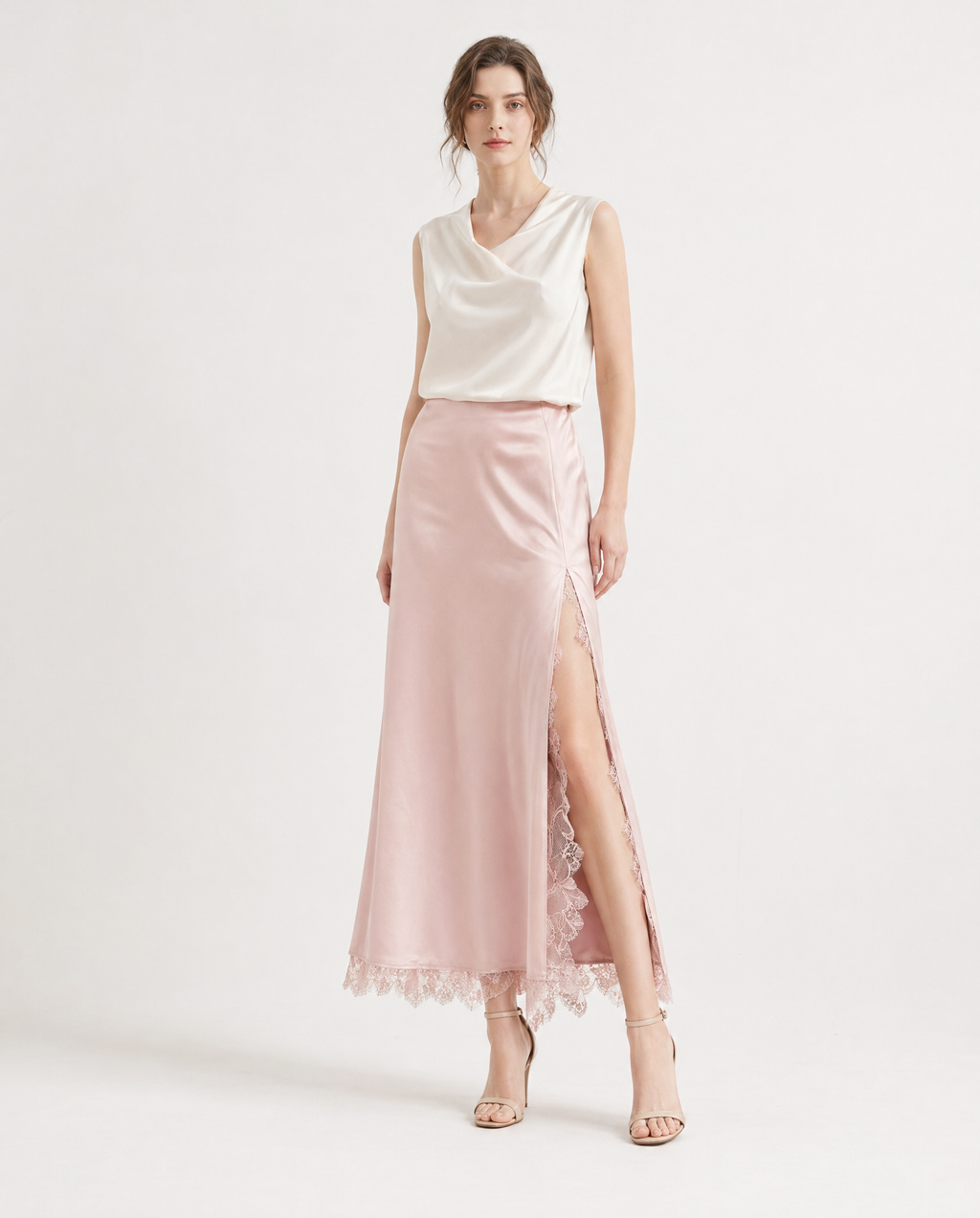 Falda Midi Satén con Abertura y Encaje Rosa - nn.studio Style N837