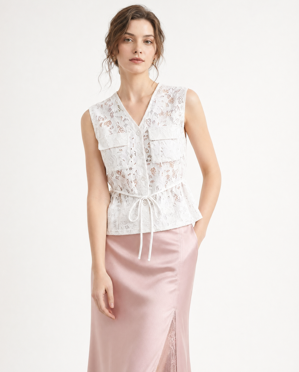 Falda Midi Satén con Abertura y Encaje Rosa - nn.studio Style N837