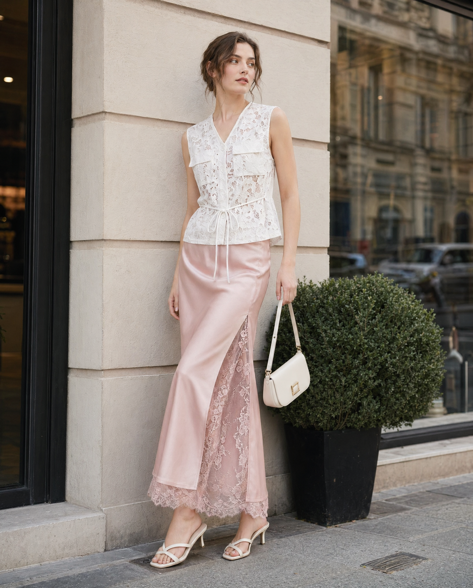 Falda Midi Satén con Abertura y Encaje Rosa - nn.studio Style N837