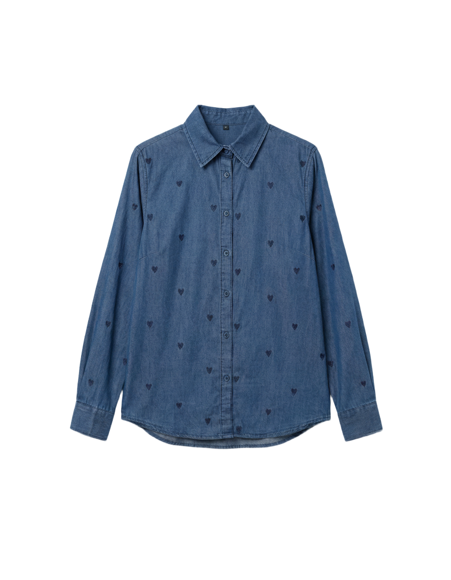 Camisa Denim con Bordado de Corazones Azul & Azul marino - nn.studio Style K105