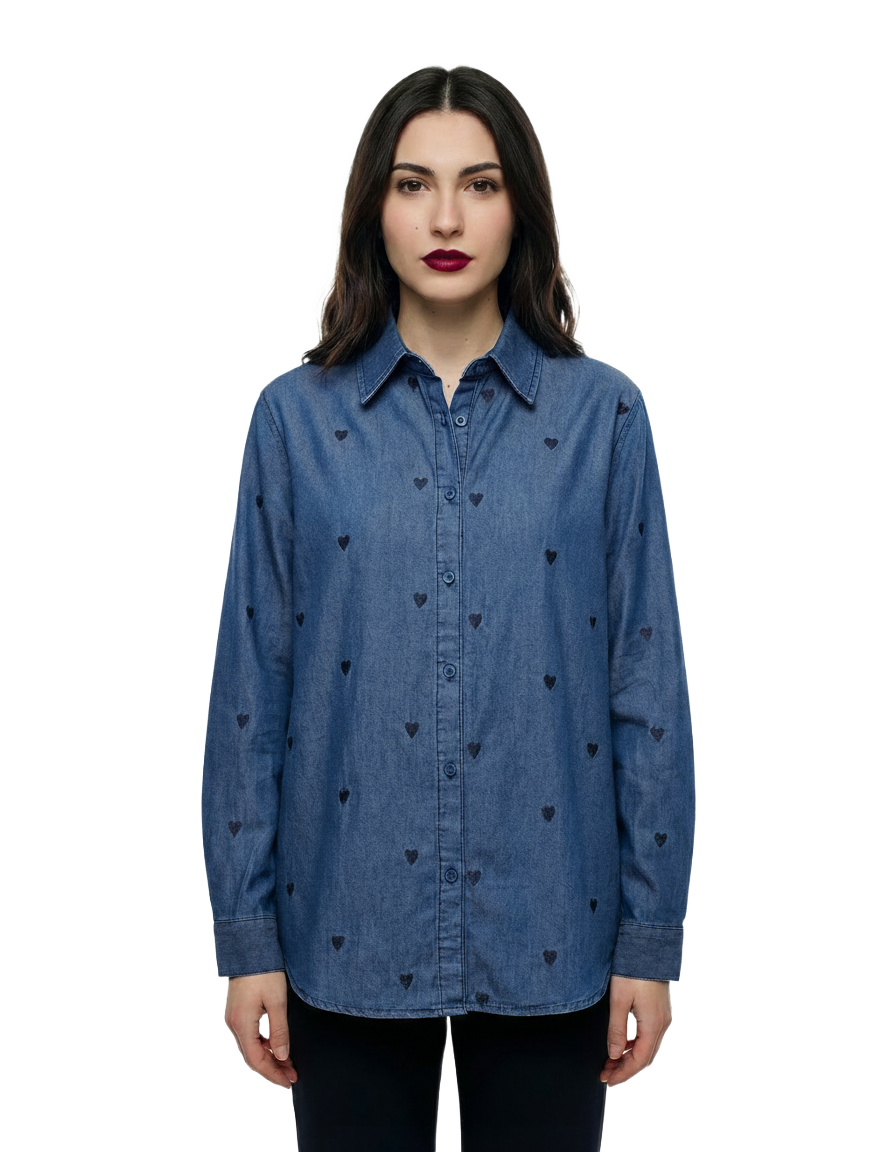 Camisa Denim con Bordado de Corazones Azul & Azul marino - nn.studio Style K105