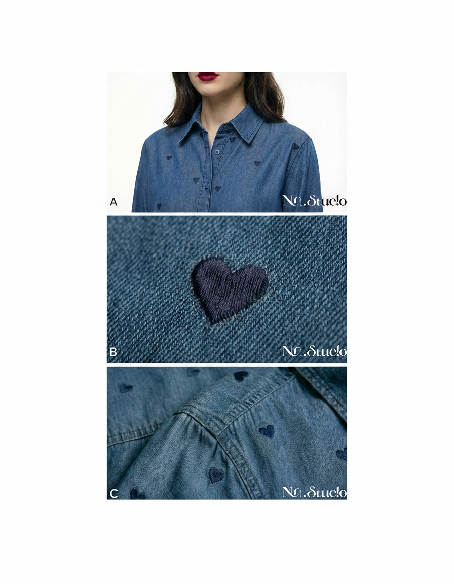 Camisa Denim con Bordado de Corazones Azul & Azul marino - nn.studio Style K105