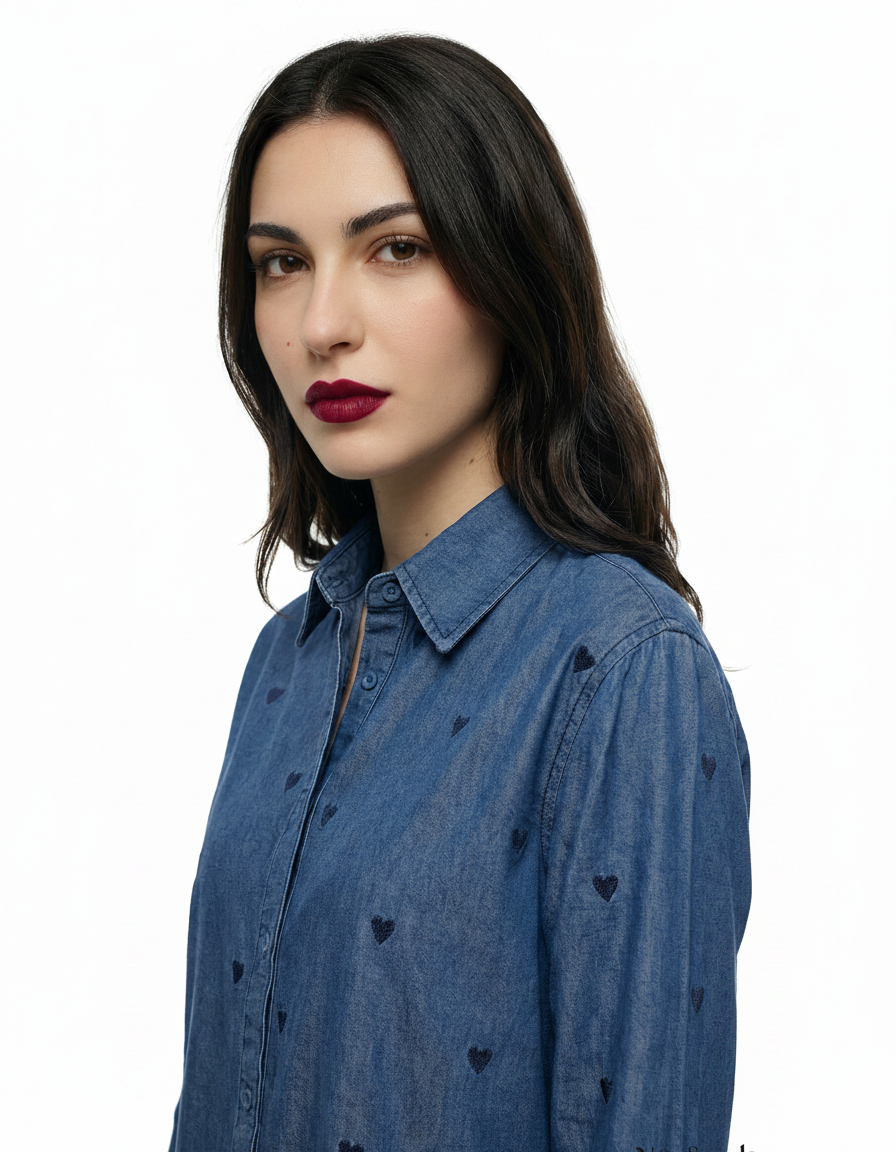 Camisa Denim con Bordado de Corazones Azul & Azul marino - nn.studio Style K105