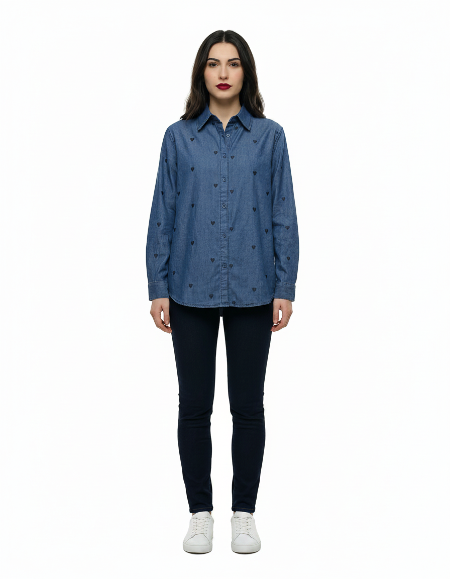 Camisa Denim con Bordado de Corazones Azul & Azul marino - nn.studio Style K105