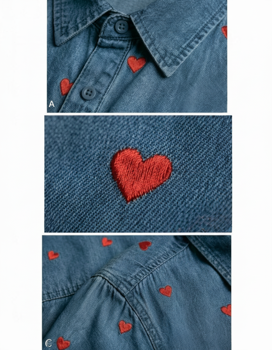 Camisa Denim con Bordado de Corazones Azul & Rojo - nn.studio Style K105