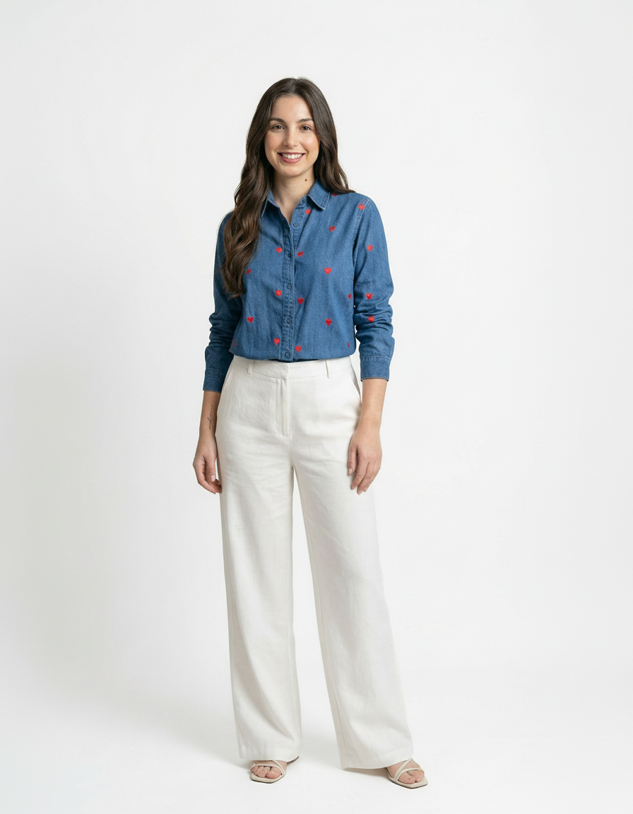Camisa Denim con Bordado de Corazones Azul & Rojo - nn.studio Style K105