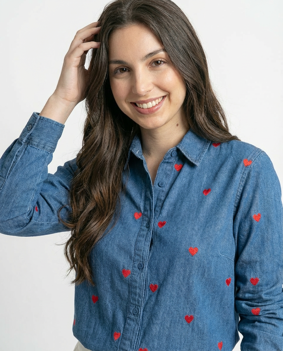 Camisa Denim con Bordado de Corazones Azul & Rojo - nn.studio Style K105