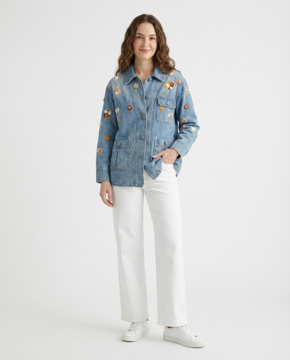 Chaqueta Denim con Bordado Floral 3D Azul medio - nn.studio Style 118