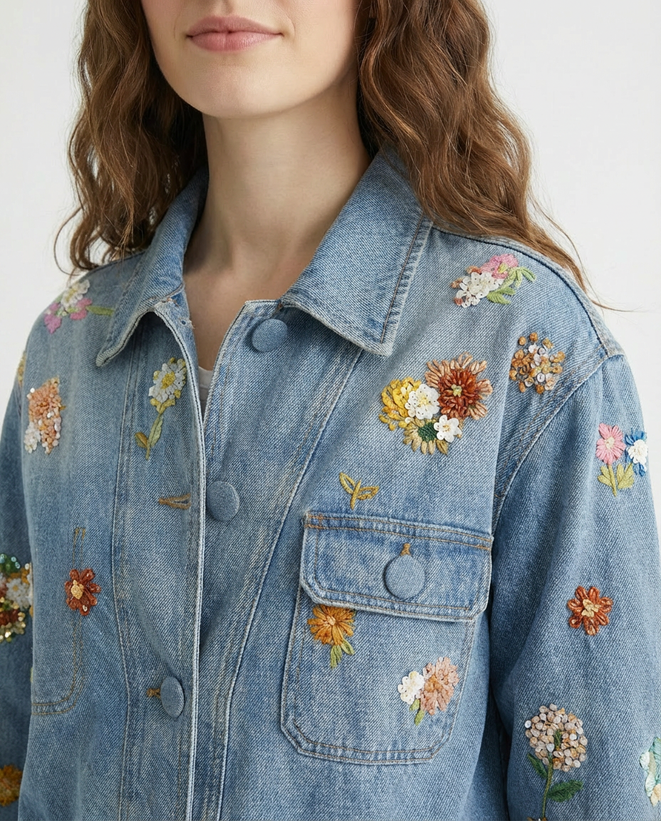 Chaqueta Denim con Bordado Floral 3D Azul medio - nn.studio Style 118