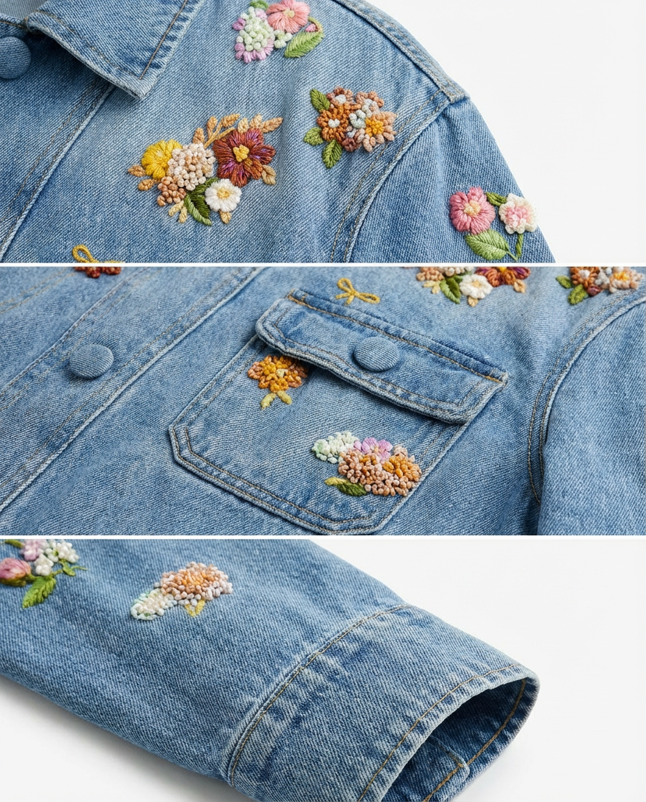 Chaqueta Denim con Bordado Floral 3D Azul medio - nn.studio Style 118
