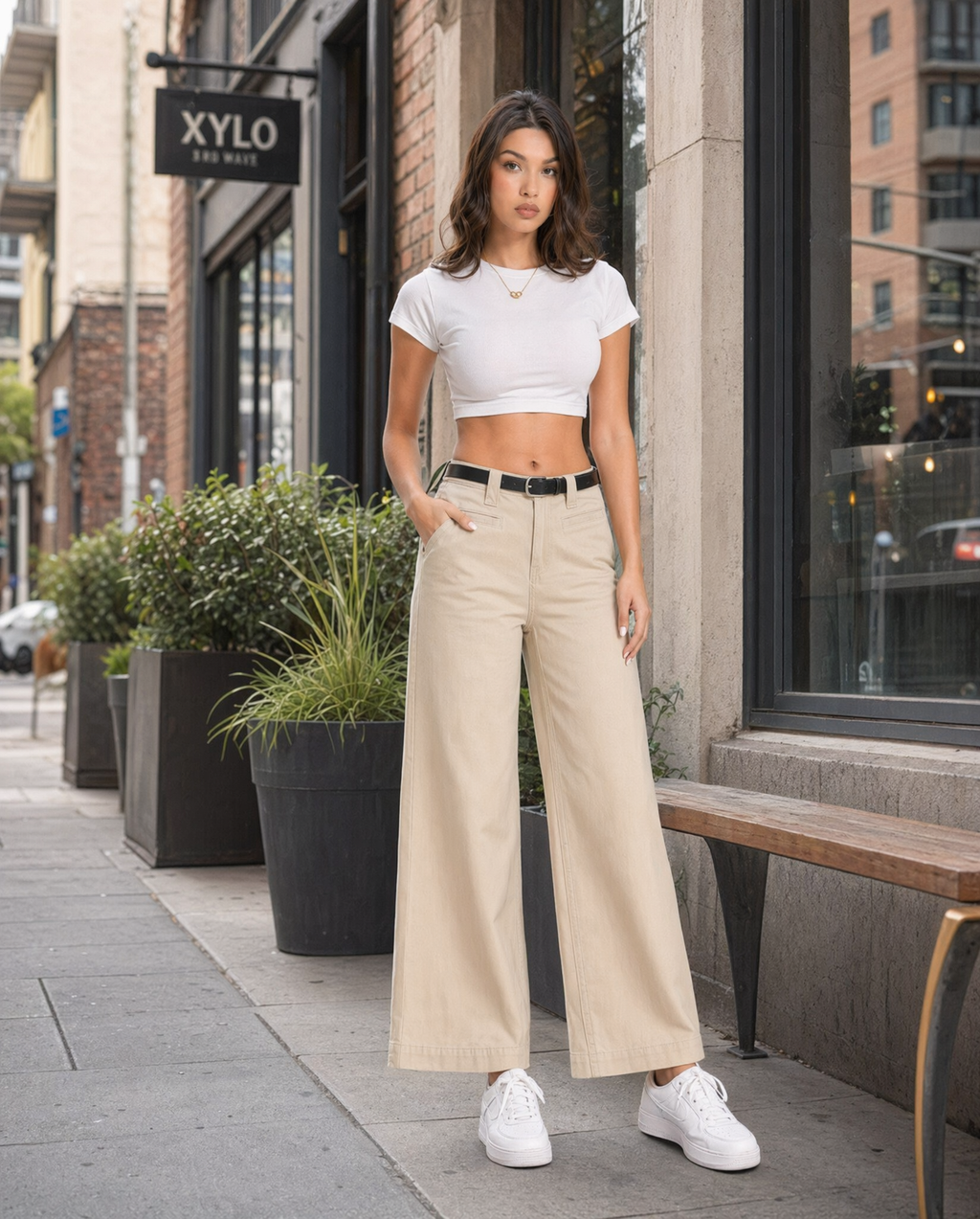 Pantalón Wide Leg Beige con Cinturón Beige/khaki - nn.studio Style A8002