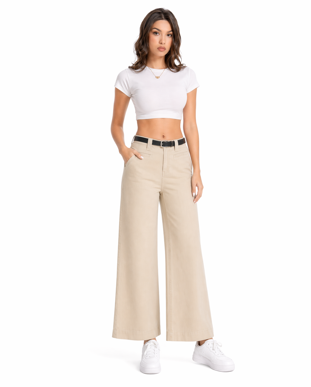 Pantalón Wide Leg Beige con Cinturón Beige/khaki - nn.studio Style A8002