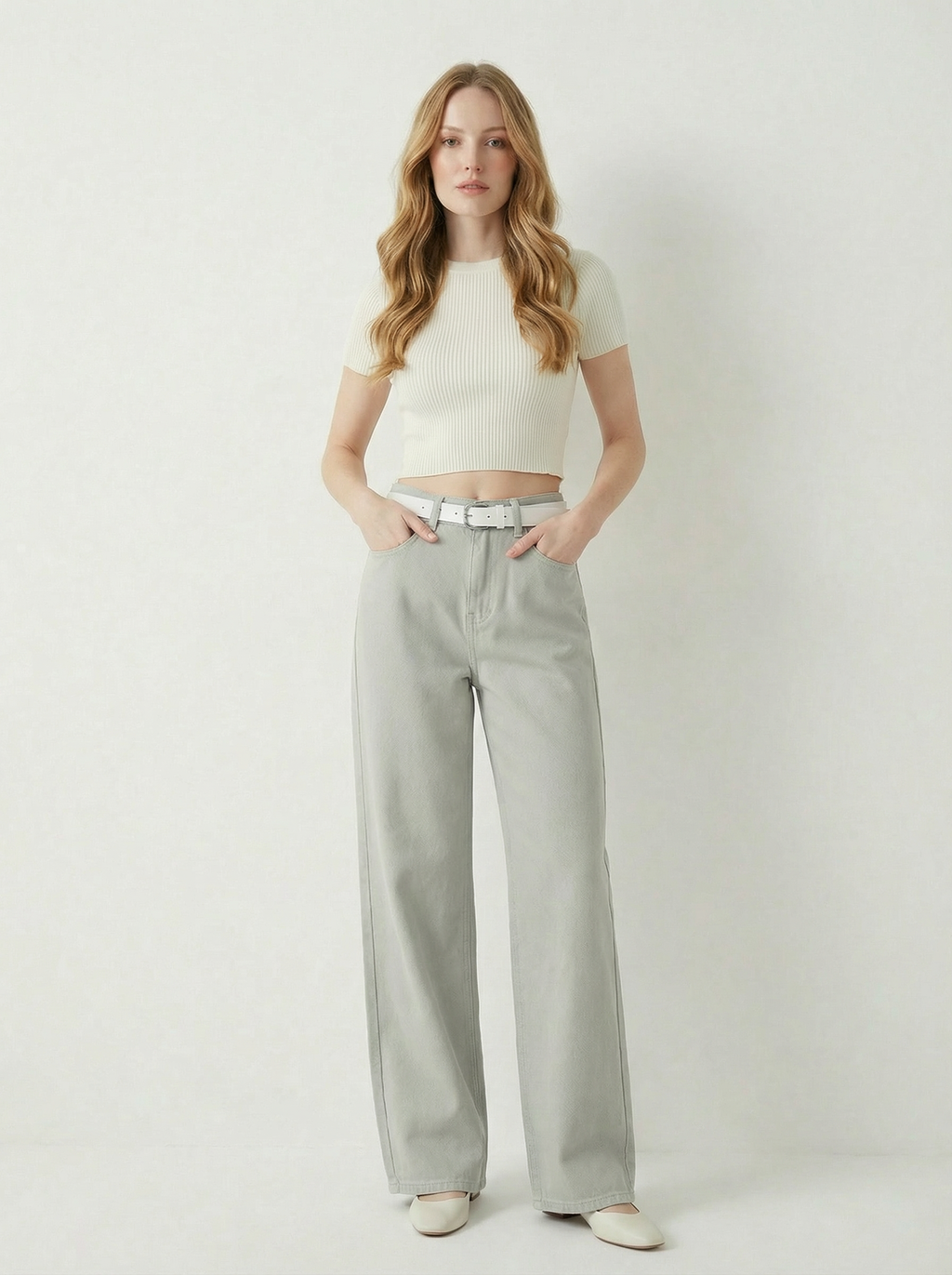 Pantalón Wide Leg Pastel con Cinturón Gris - nn.studio Style 80098