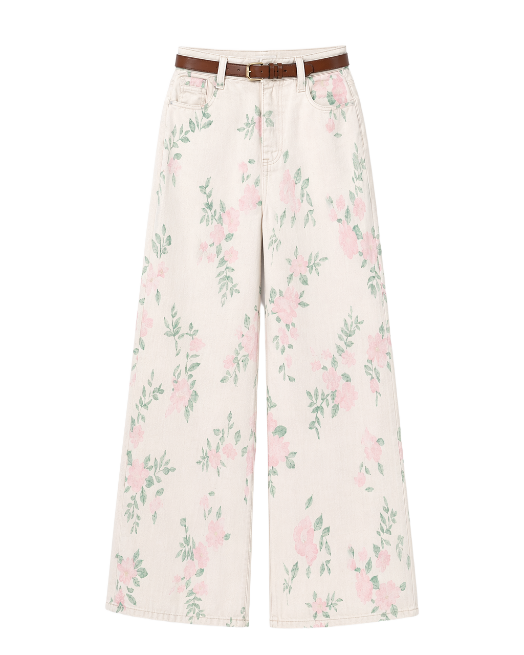 Jean Wide Leg Floral Rosa Verde Beige con flores rosas y hojas verdes - nn.studio Style A8305