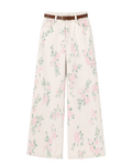 Jean Wide Leg Floral Rosa Verde Beige con flores rosas y hojas verdes - nn.studio Style A8305