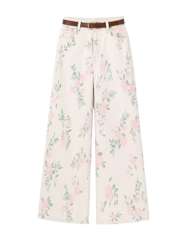 Jean Wide Leg Floral Rosa Verde Beige con flores rosas y hojas verdes - nn.studio Style A8305