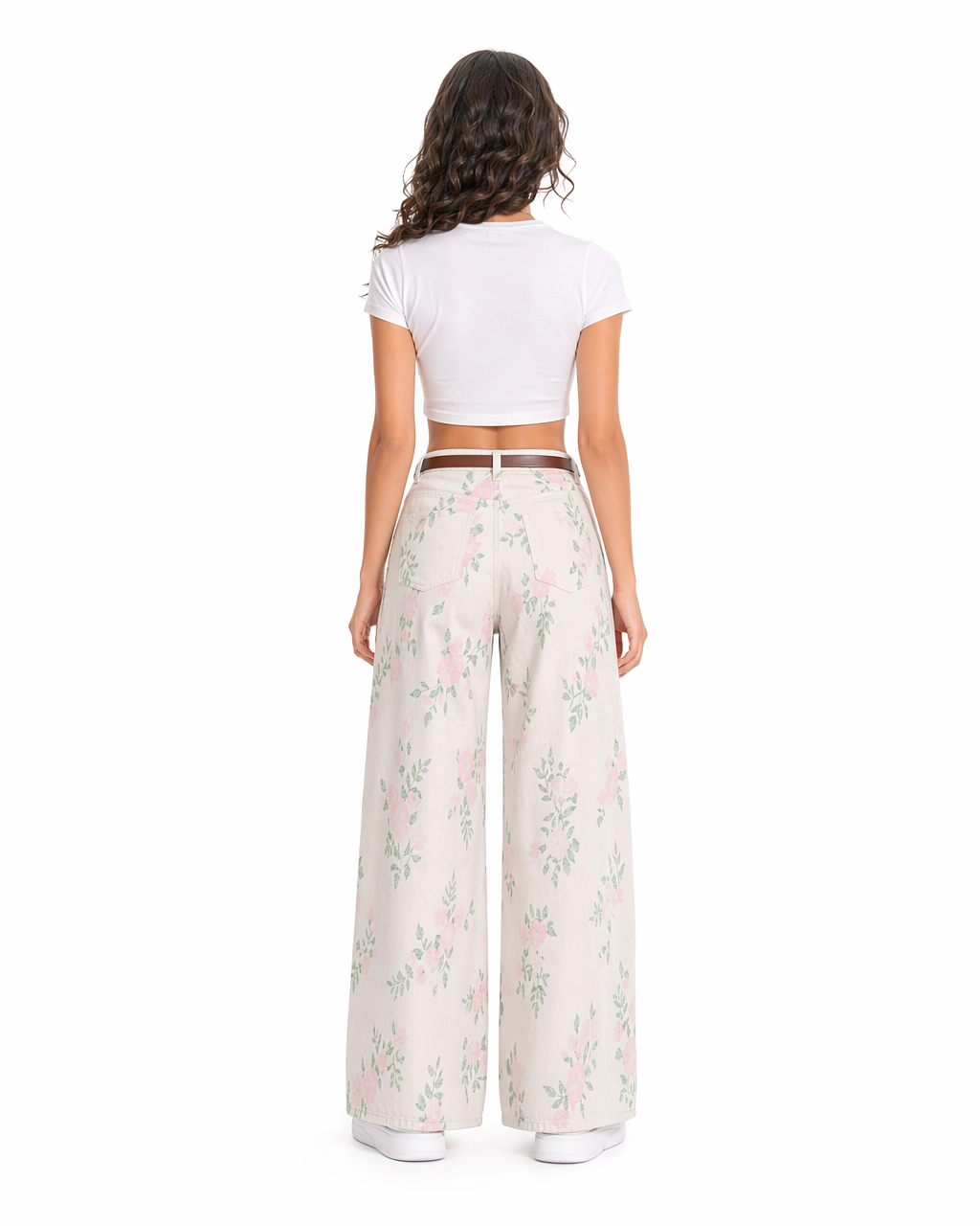 Jean Wide Leg Floral Rosa Verde Beige con flores rosas y hojas verdes - nn.studio Style A8305