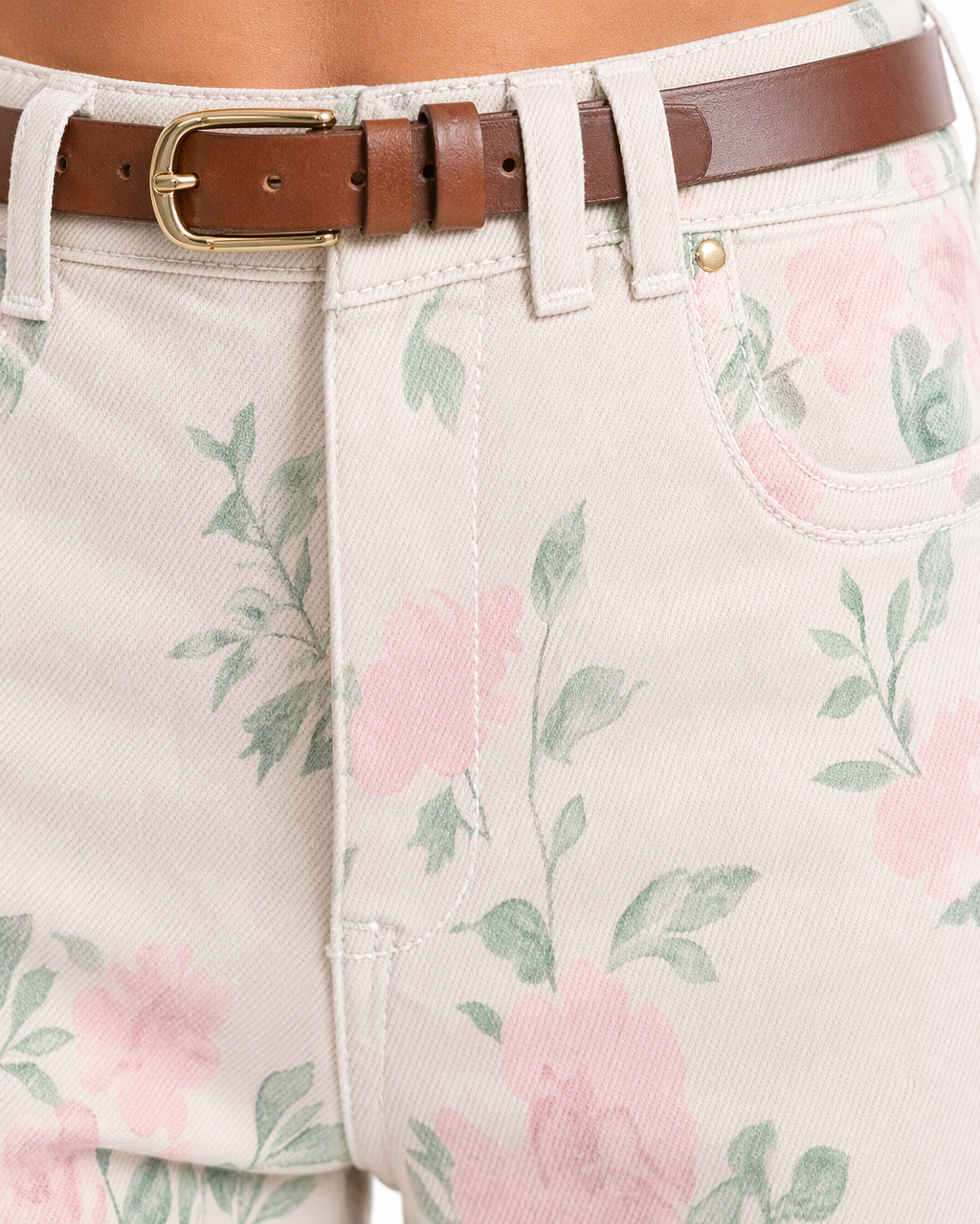Jean Wide Leg Floral Rosa Verde Beige con flores rosas y hojas verdes - nn.studio Style A8305
