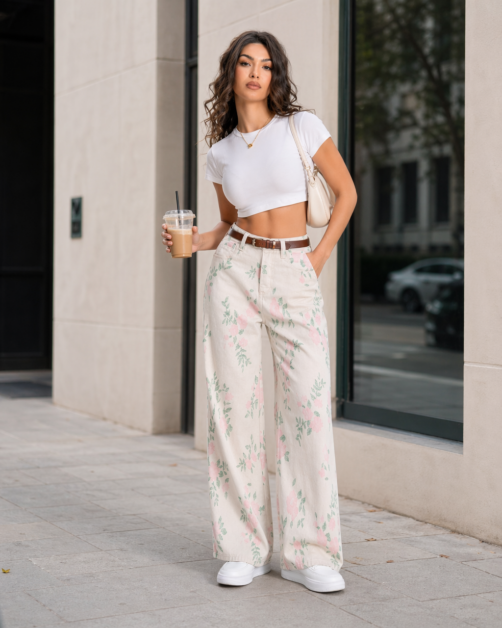 Jean Wide Leg Floral Rosa Verde Beige con flores rosas y hojas verdes - nn.studio Style A8305