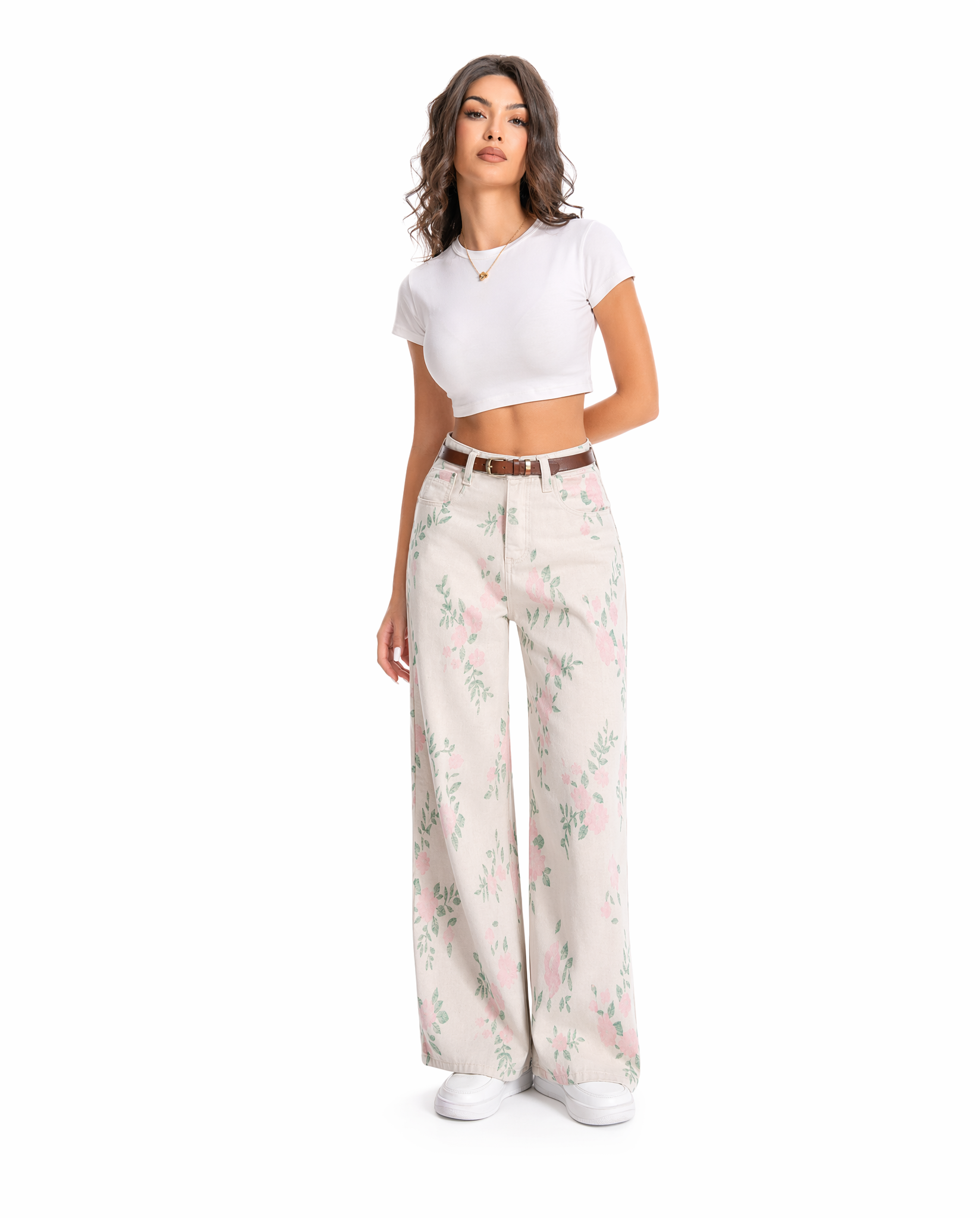 Jean Wide Leg Floral Rosa Verde Beige con flores rosas y hojas verdes - nn.studio Style A8305