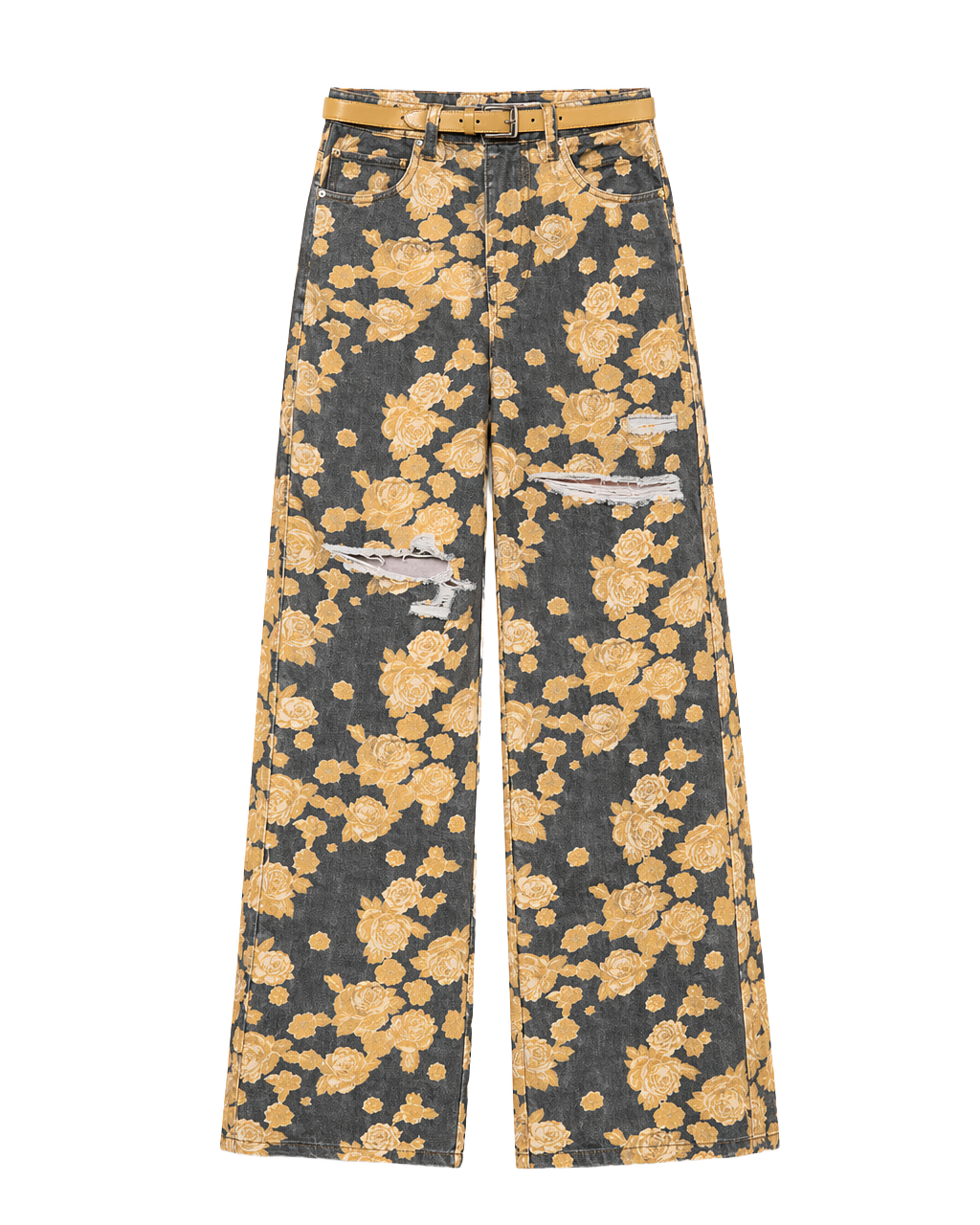 Jean Wide Leg Estampado Floral Dorado Gris con flores doradas - nn.studio Style A8309
