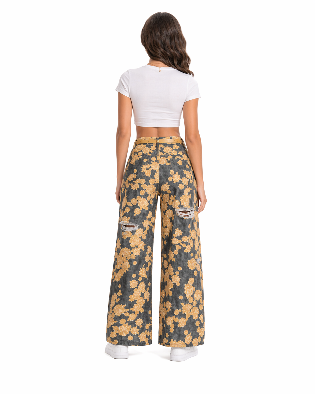 Jean Wide Leg Estampado Floral Dorado Gris con flores doradas - nn.studio Style A8309
