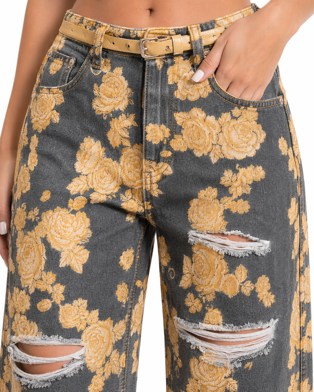 Jean Wide Leg Estampado Floral Dorado Gris con flores doradas - nn.studio Style A8309