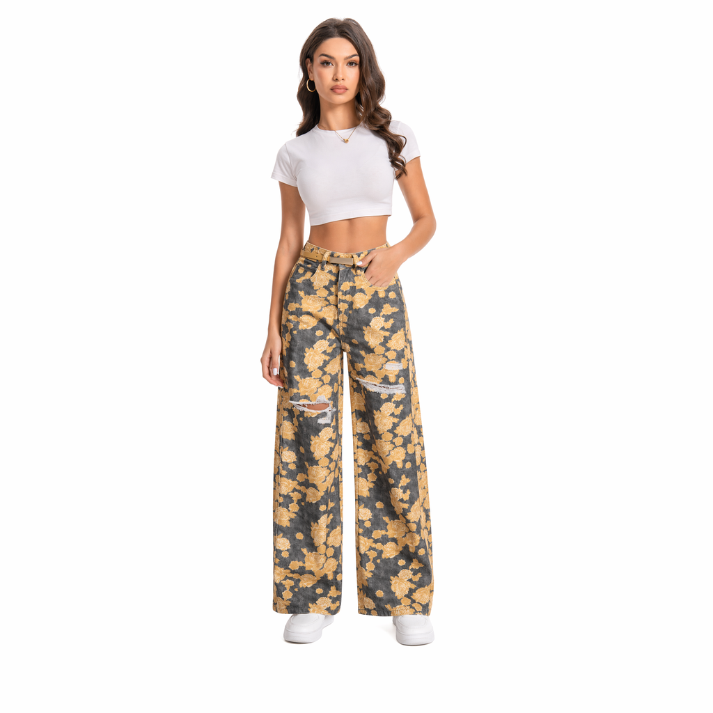 Jean Wide Leg Estampado Floral Dorado Gris con flores doradas - nn.studio Style A8309