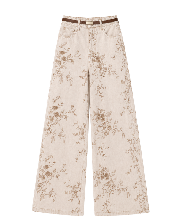 Jean Wide Leg Floral Beige Café Beige con estampado floral café - nn.studio Style A8358