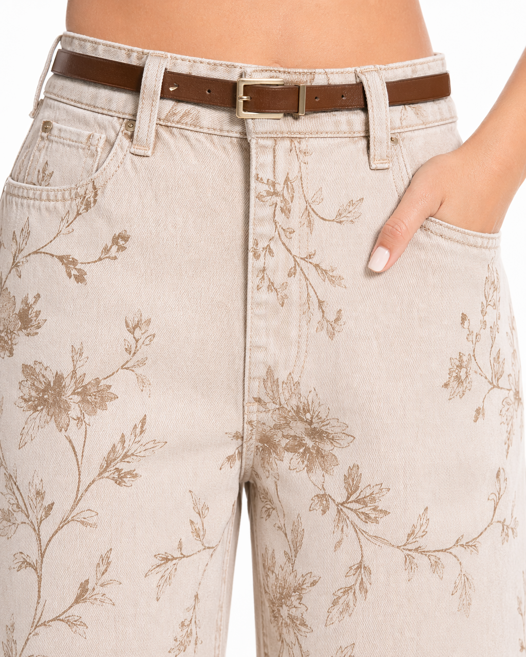 Jean Wide Leg Floral Beige Café Beige con estampado floral café - nn.studio Style A8358