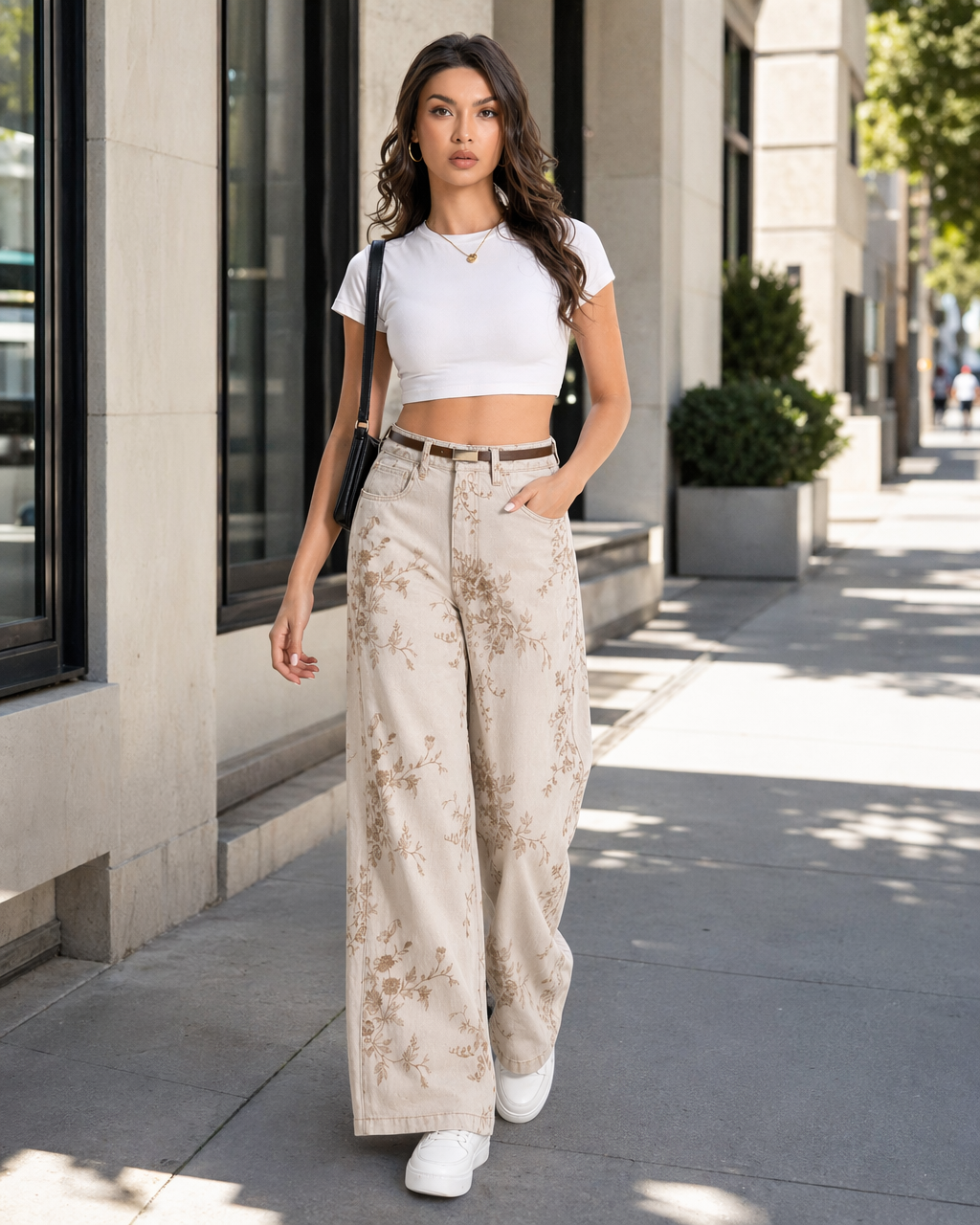 Jean Wide Leg Floral Beige Café Beige con estampado floral café - nn.studio Style A8358