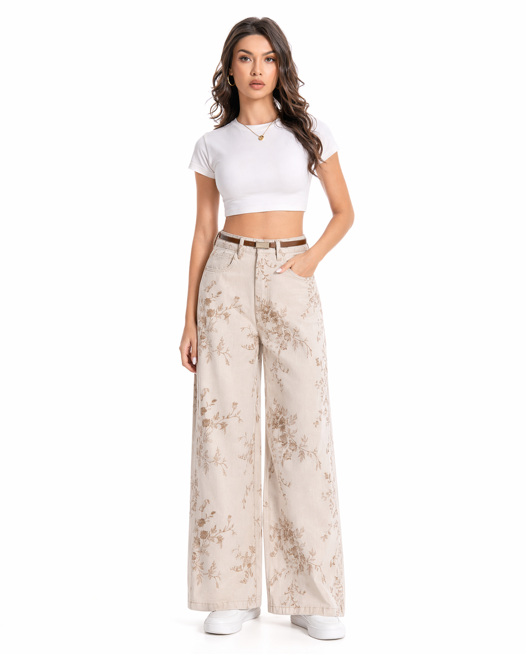 Jean Wide Leg Floral Beige Café Beige con estampado floral café - nn.studio Style A8358