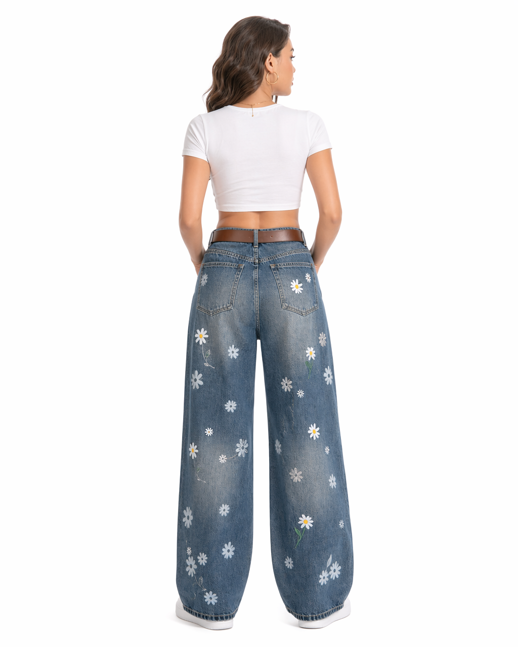 Jean Wide Leg con Bordado de Margaritas Azul - nn.studio Style A8639-3