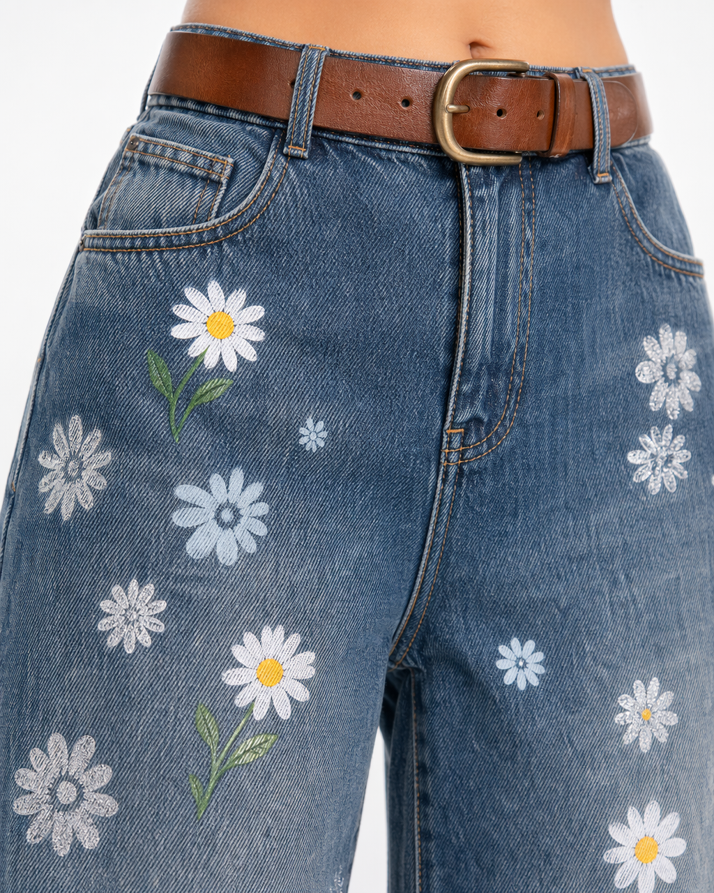 Jean Wide Leg con Bordado de Margaritas Azul - nn.studio Style A8639-3