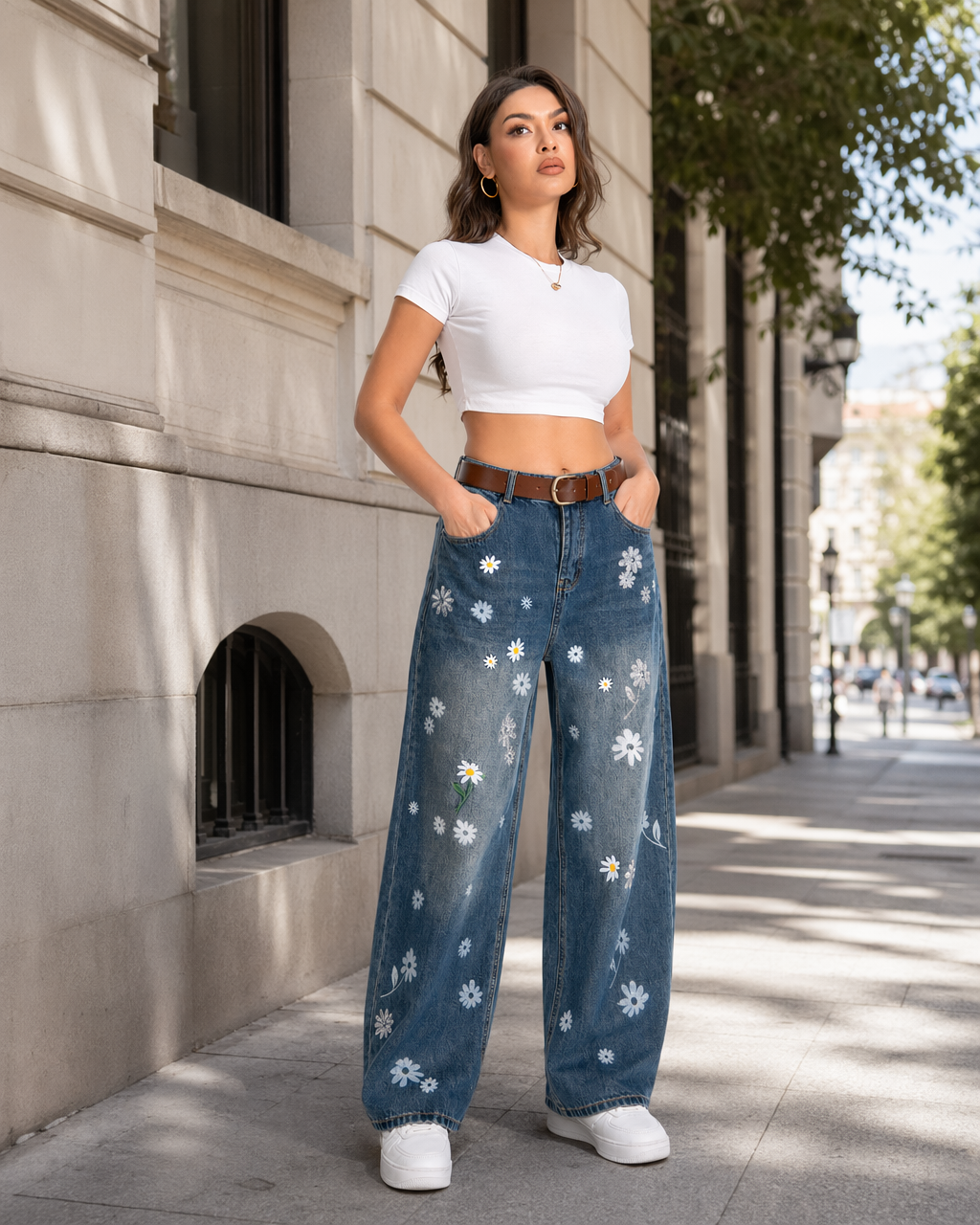 Jean Wide Leg con Bordado de Margaritas Azul - nn.studio Style A8639-3