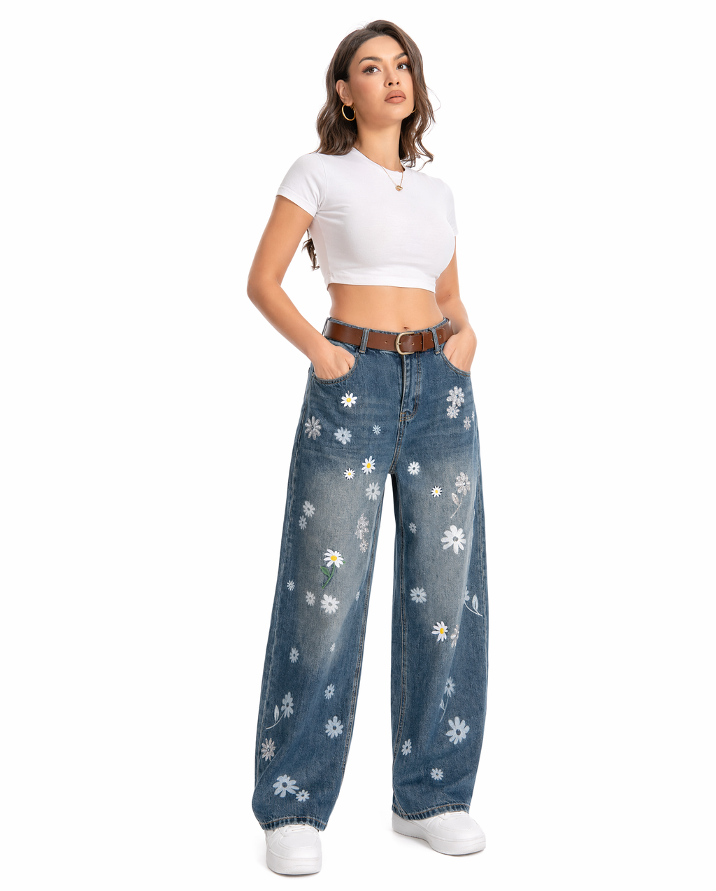 Jean Wide Leg con Bordado de Margaritas Azul - nn.studio Style A8639-3