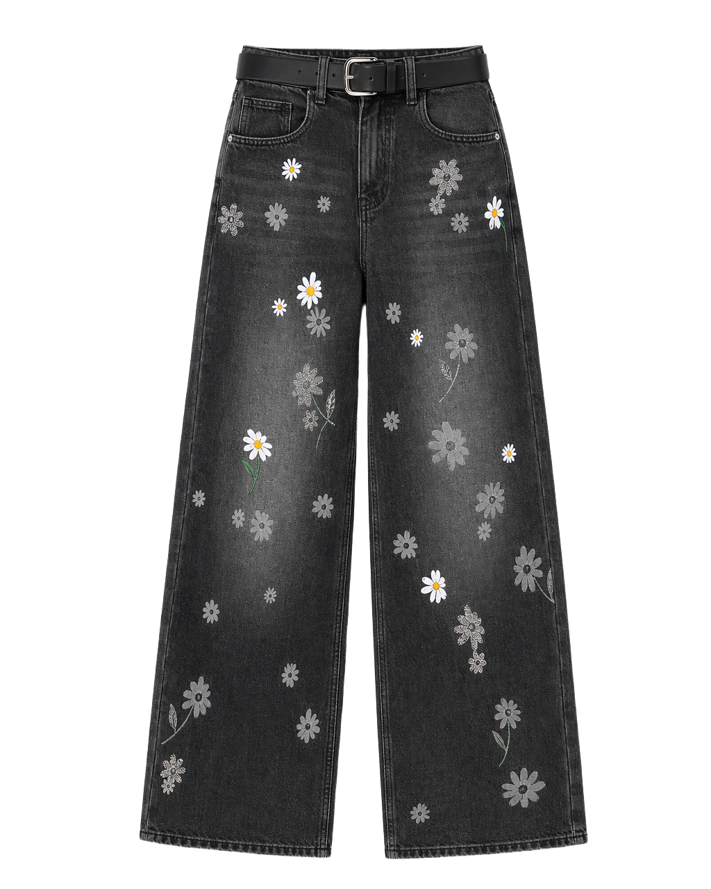 Jean Wide Leg con Bordado de Margaritas Negro - nn.studio Style A8639-3