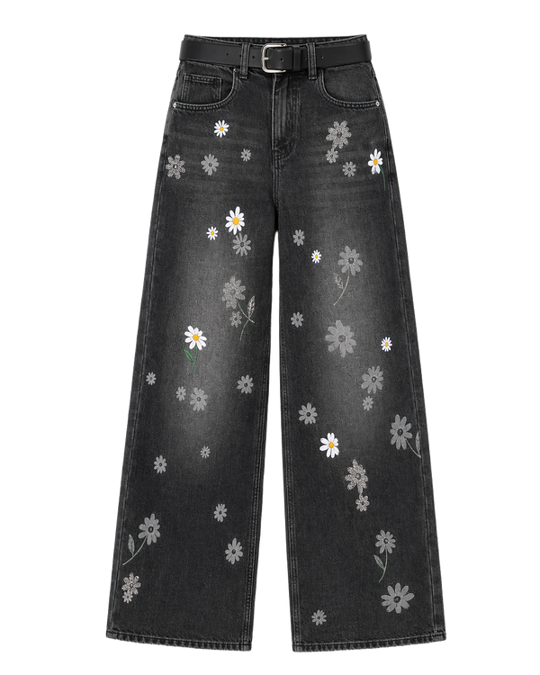 Jean Wide Leg con Bordado de Margaritas Negro - nn.studio Style A8639-3