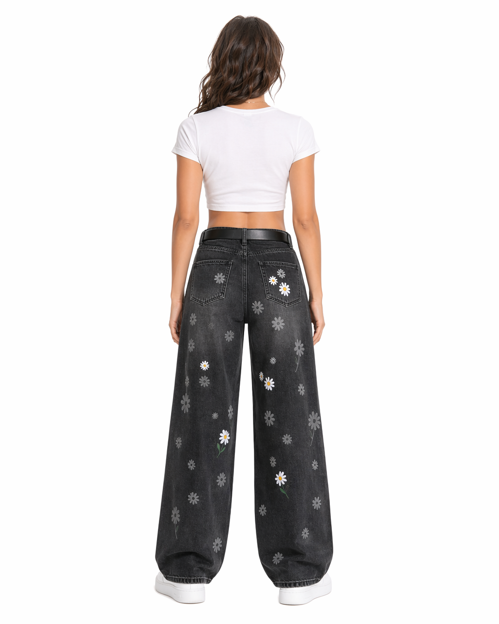 Jean Wide Leg con Bordado de Margaritas Negro - nn.studio Style A8639-3