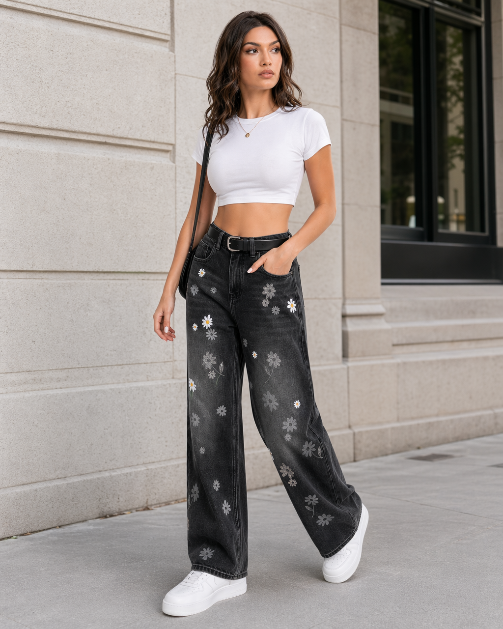 Jean Wide Leg con Bordado de Margaritas Negro - nn.studio Style A8639-3