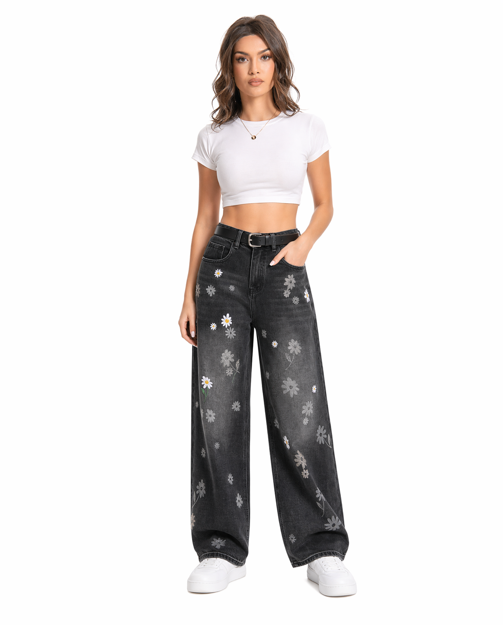 Jean Wide Leg con Bordado de Margaritas Negro - nn.studio Style A8639-3