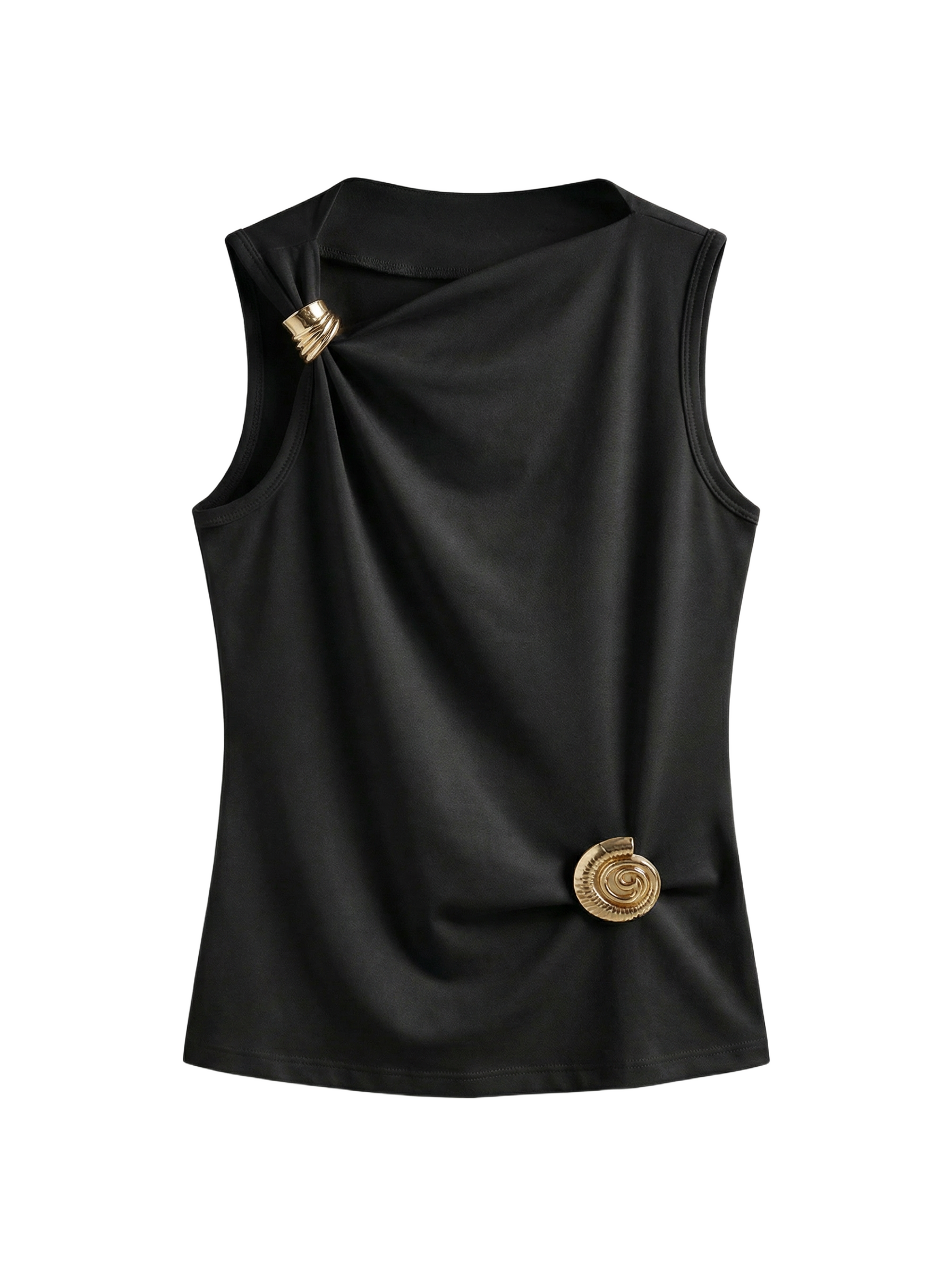 Top Asimétrico con Broche Dorado Negro - nn.studio Style 6730
